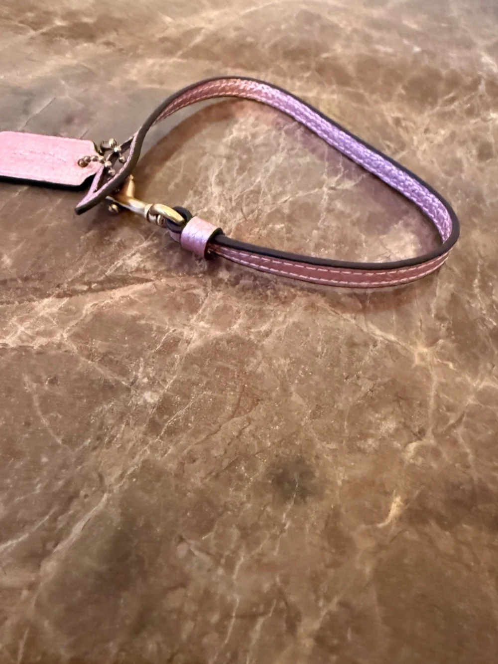 Coach Pebbled Leather Wrist Strap Loop Bag Charm with Hangtag Metallic Pink